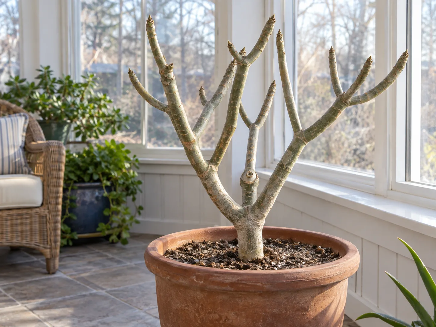 Leafless, firm plumeria branches resting in a pot in a bright, frost-free winter shelter