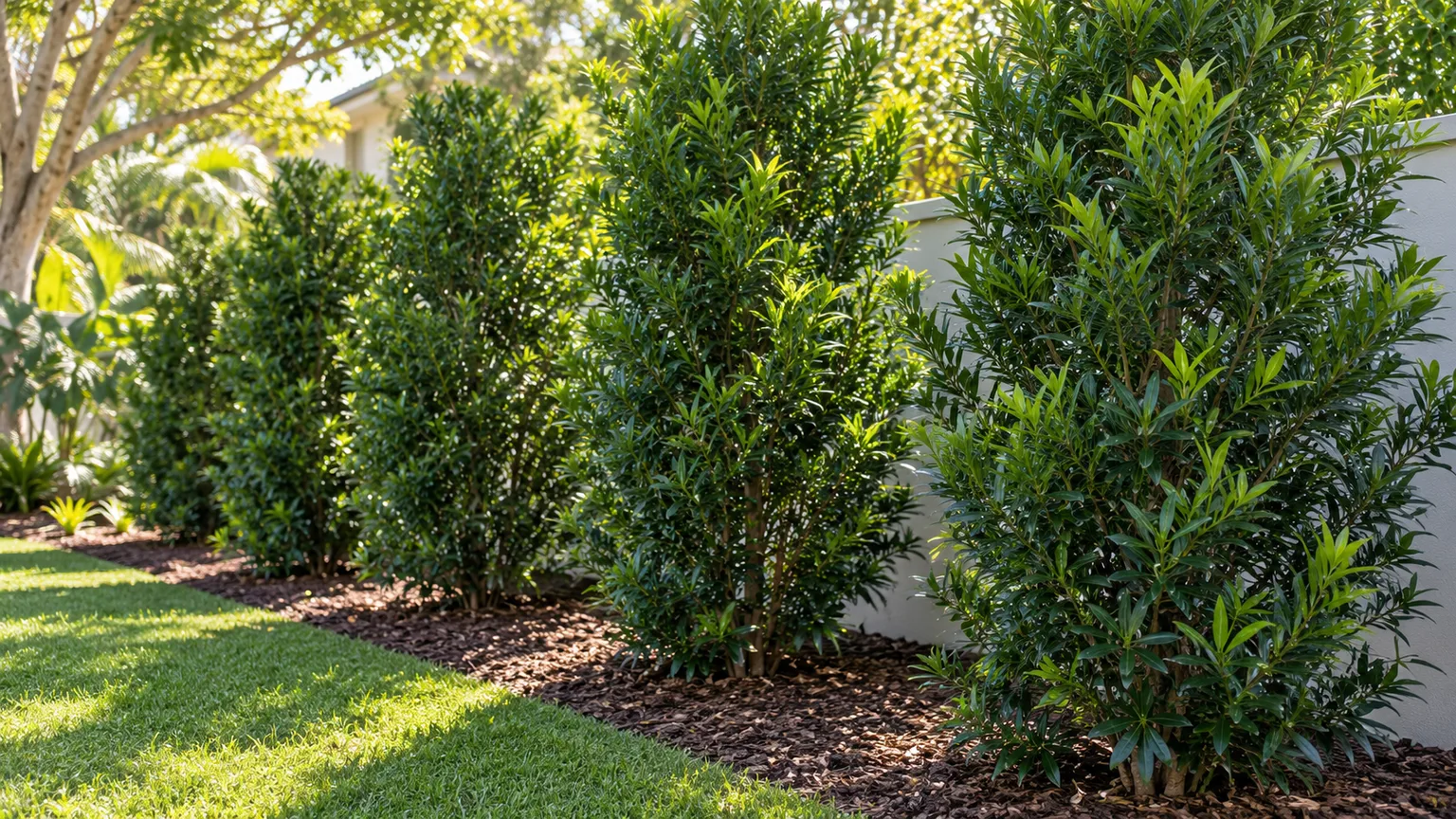A row of Podocarpus macrophyllus shrubs used as a privacy screen with room for mature growth