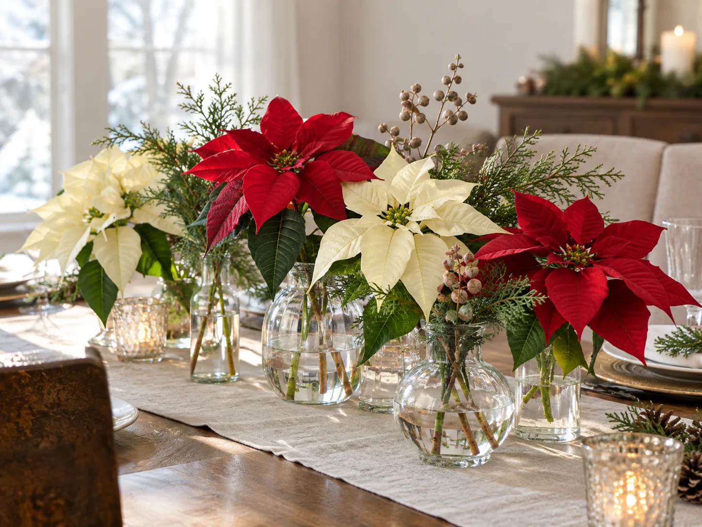 Cut red and cream poinsettias arranged in small water-filled bud vases on a holiday table