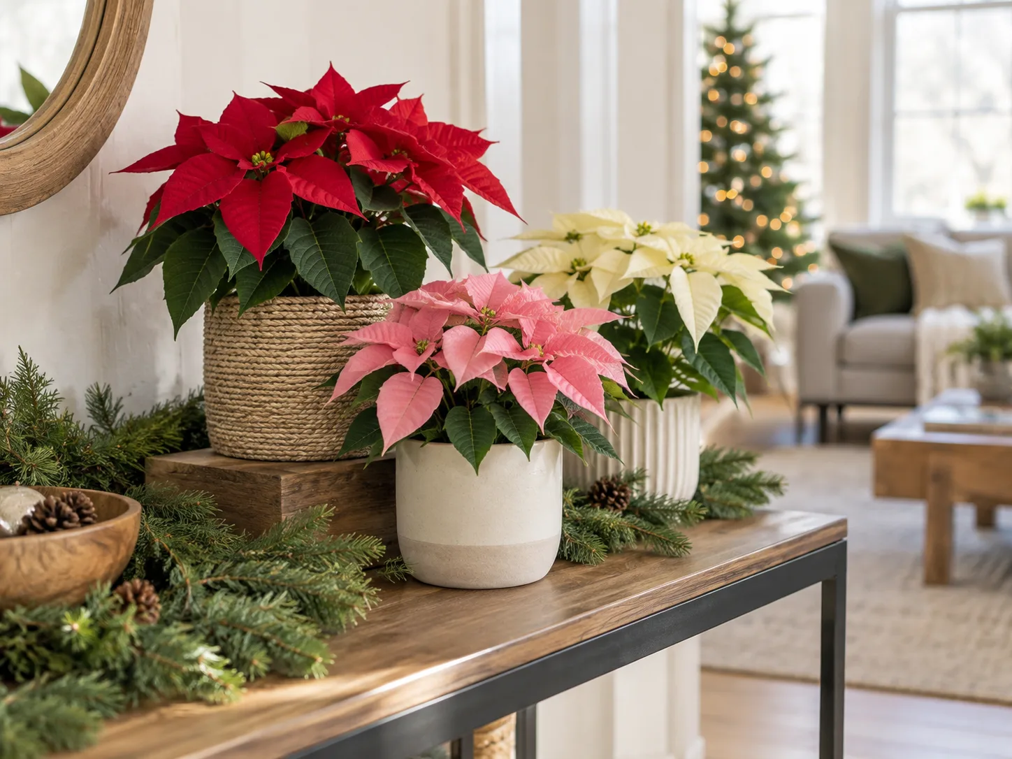 Mini red, pink, and cream poinsettias grouped on a console table with evergreen