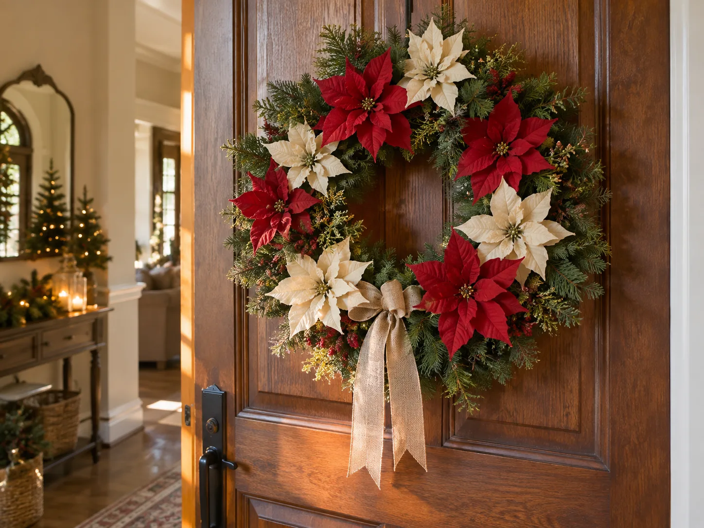 Red and cream faux poinsettia wreath with evergreen on an indoor wooden door