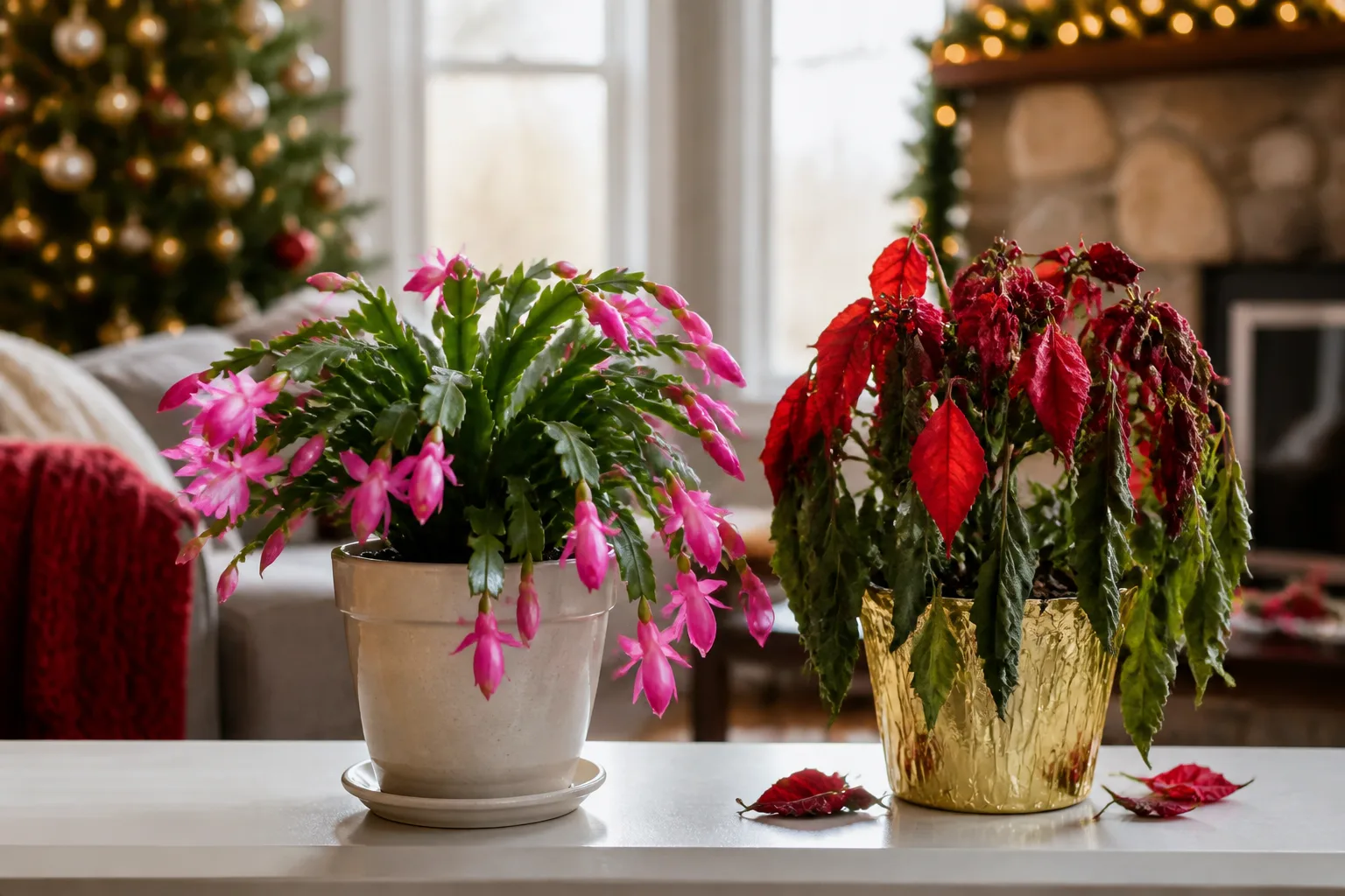 Christmas cactus with pink tubular blooms on scalloped green segments in bright indoor light
