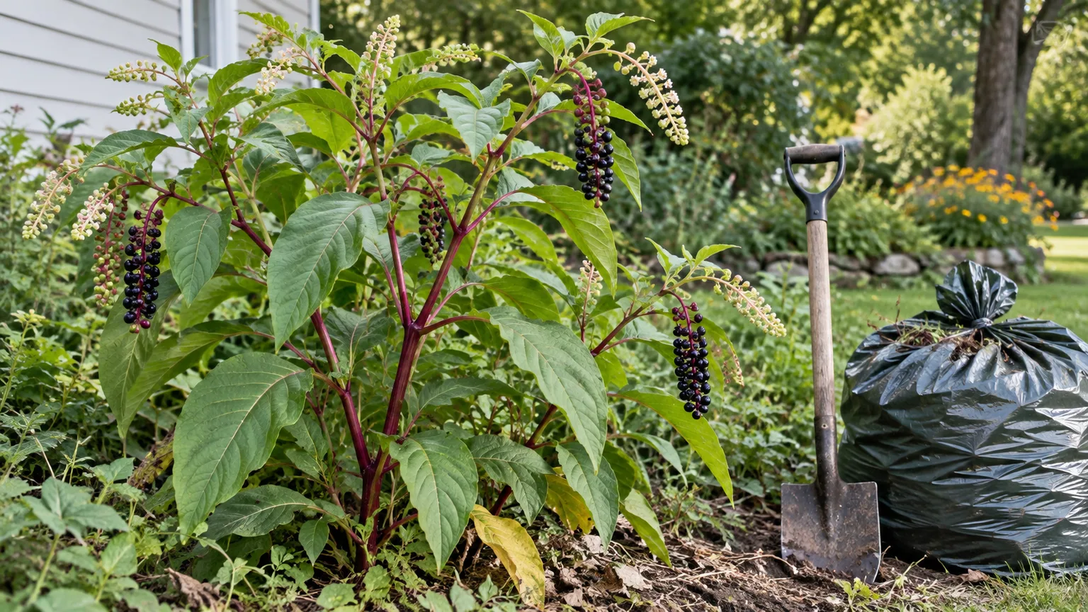 Mature American pokeweed with purple-black berries growing in a woodland-edge garden