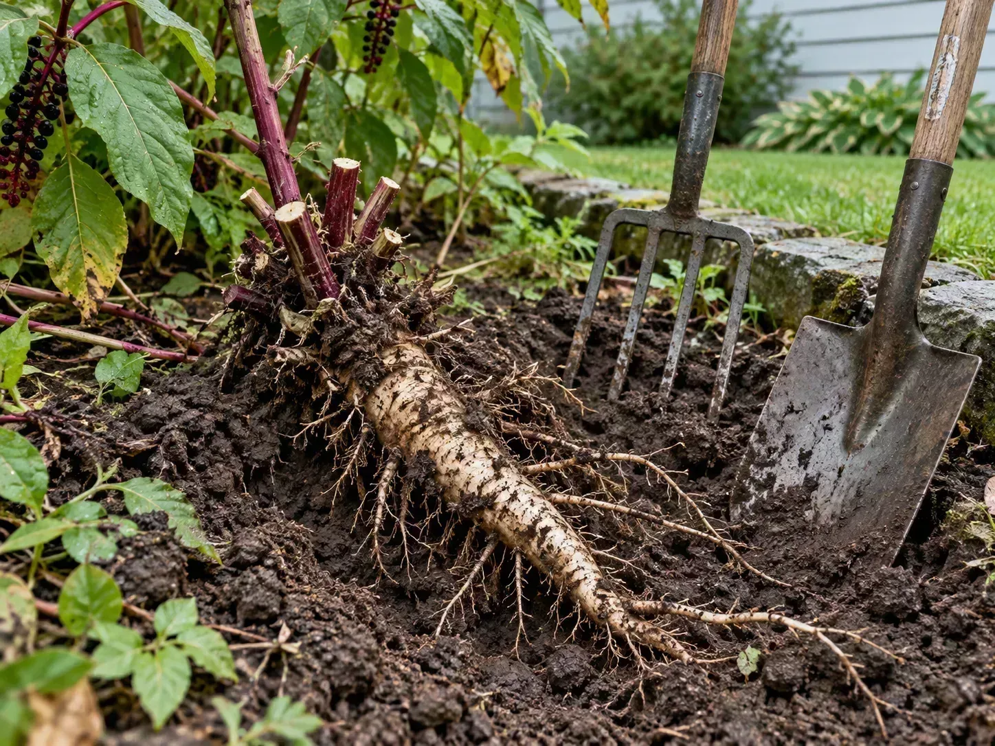 Soil is cleared gradually to reveal a plant’s roots before they are cut.