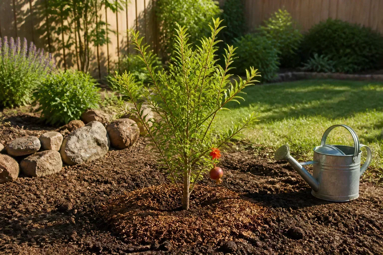 Young pomegranate sapling planted in a sunny garden bed with mulch and loose soil