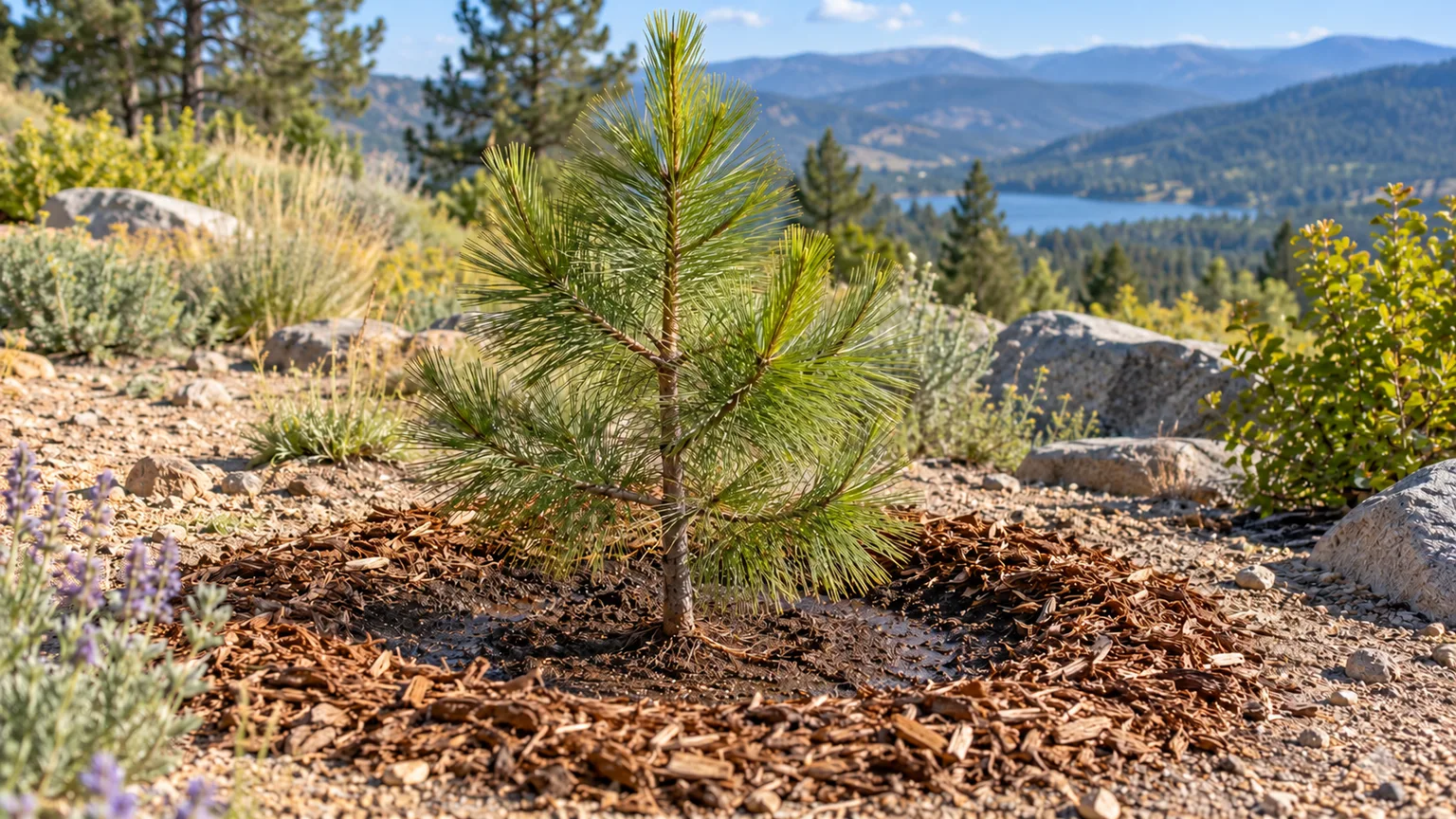 Young Ponderosa pine planted at soil grade with a broad mulch ring kept clear of the trunk