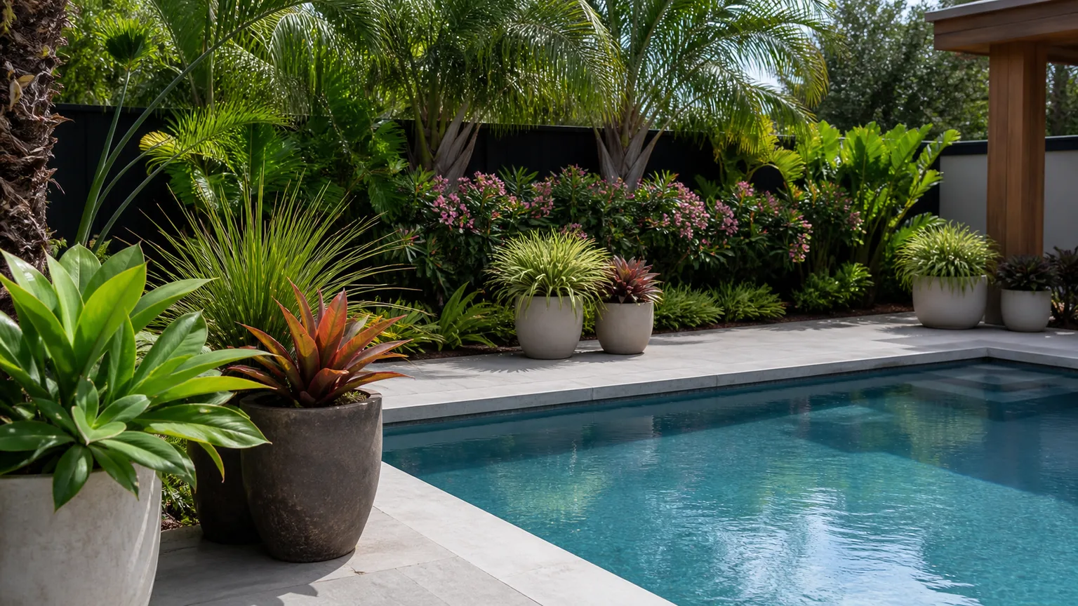 Realistic backyard pool bordered by tropical, flowering, and drought-tolerant plants