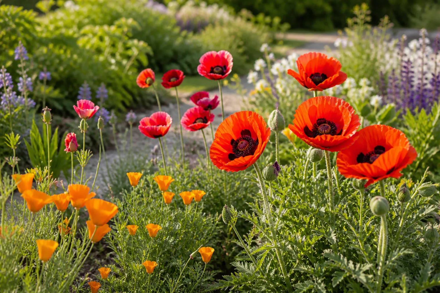 Mixed orange-red Oriental poppies and red Shirley poppies blooming in a sunny late-spring perennial border