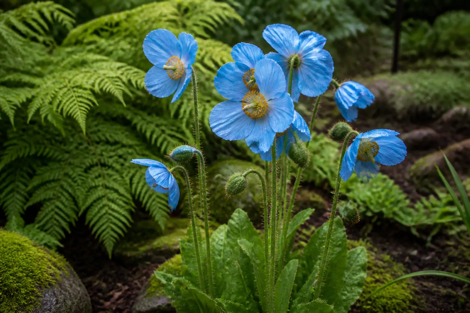 Sky-blue Himalayan poppy flowers with yellow stamens in a cool partial-shade woodland garden