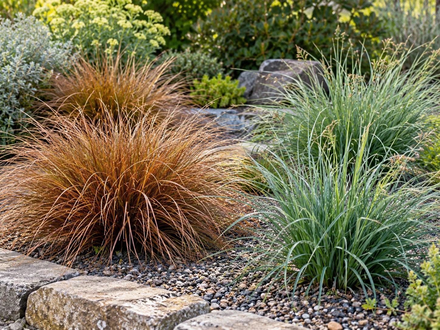 Blue-green and copper-bronze sedges in a sunny, well-drained border