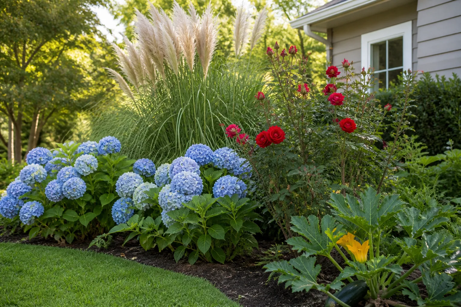 Suburban garden bed with hydrangea, rose bush, pampas grass plumes, and zucchini plant grouped together
