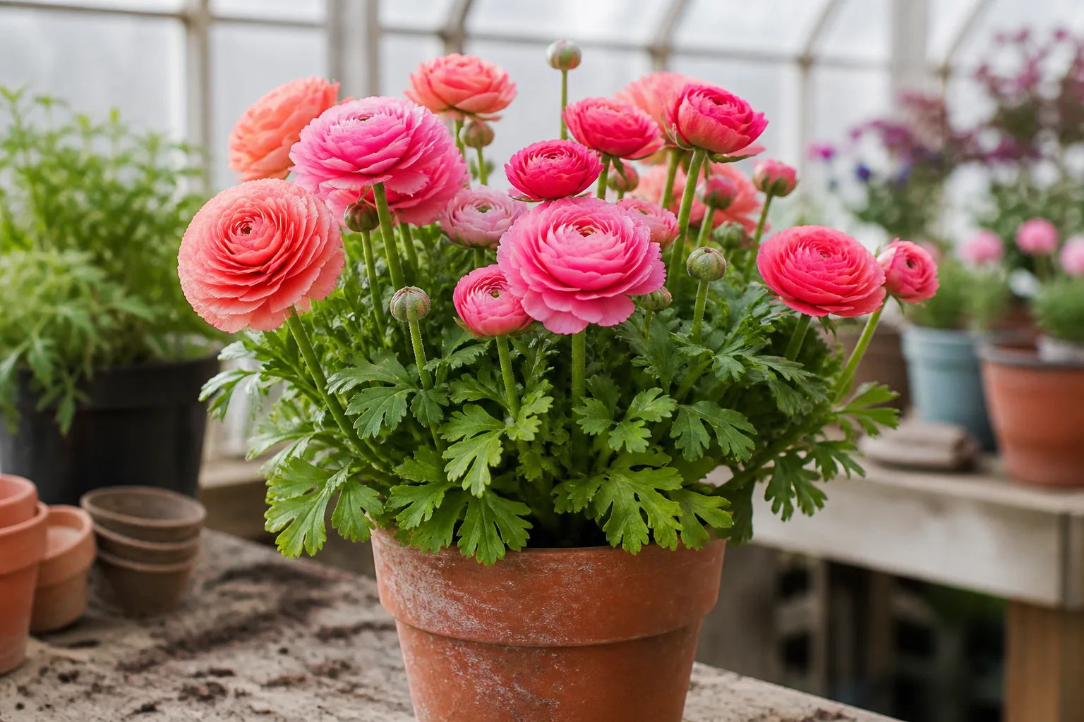 Layered pink Persian buttercup ranunculus blooms in a terracotta pot on a greenhouse bench