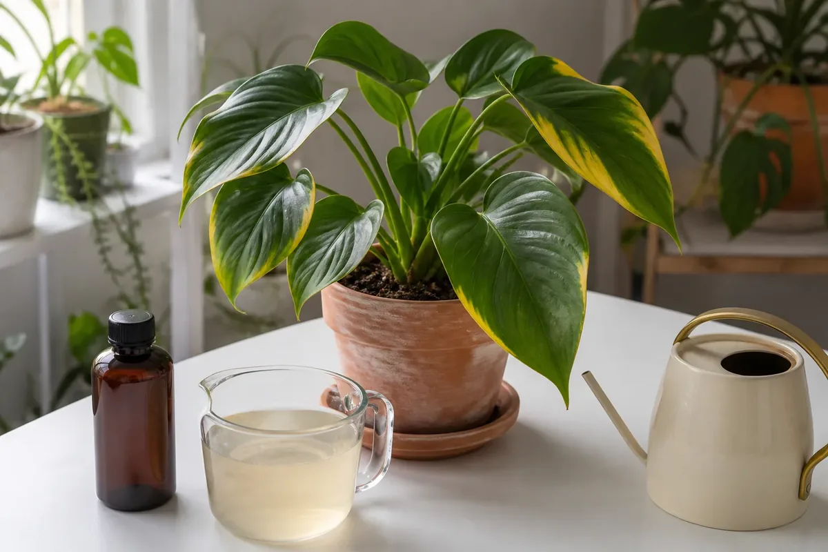 Dilute complete houseplant fertilizer measured into a watering can for careful potassium correction on moist mix