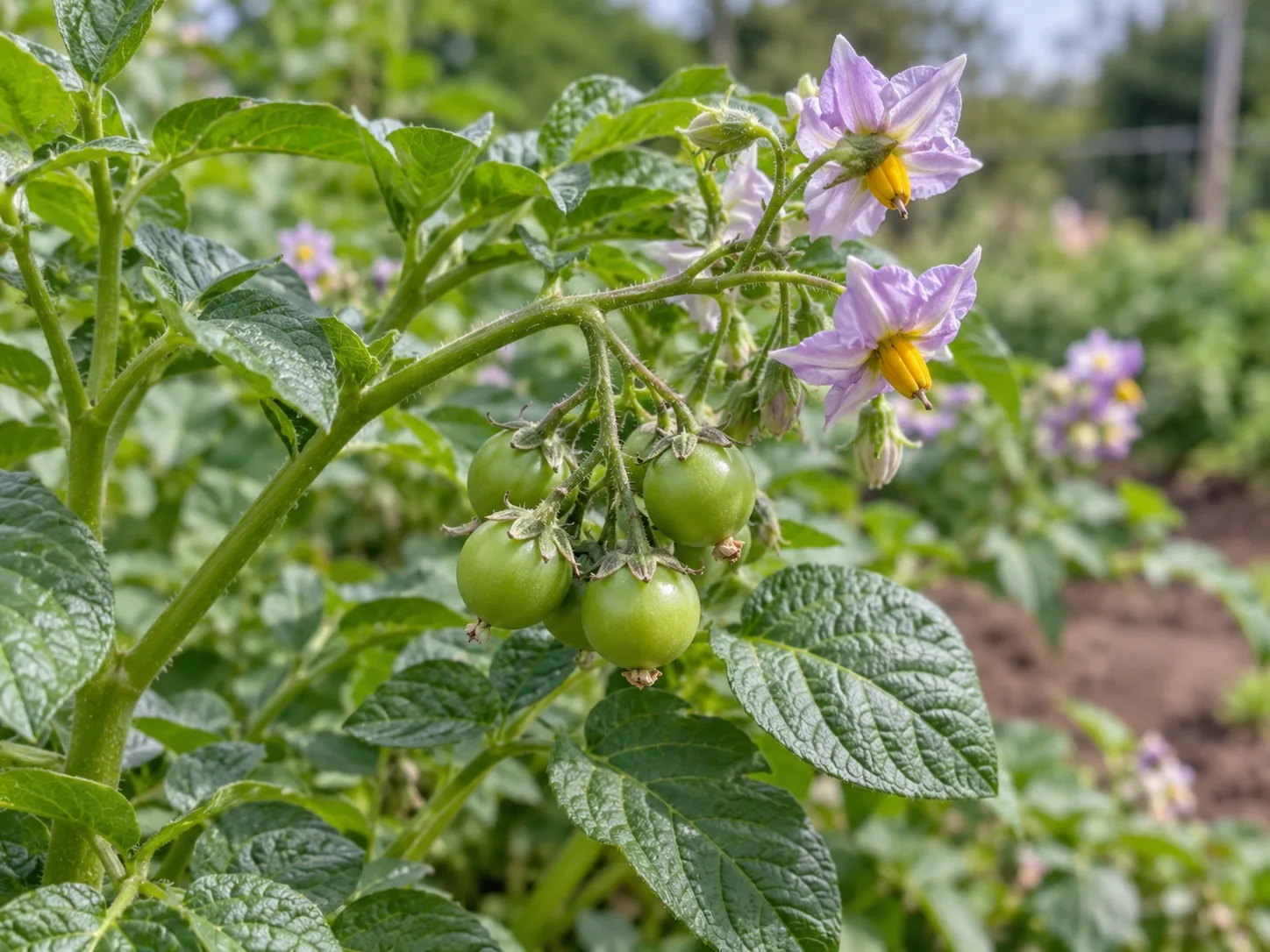 Small green potato berries attached to a flowering potato plant