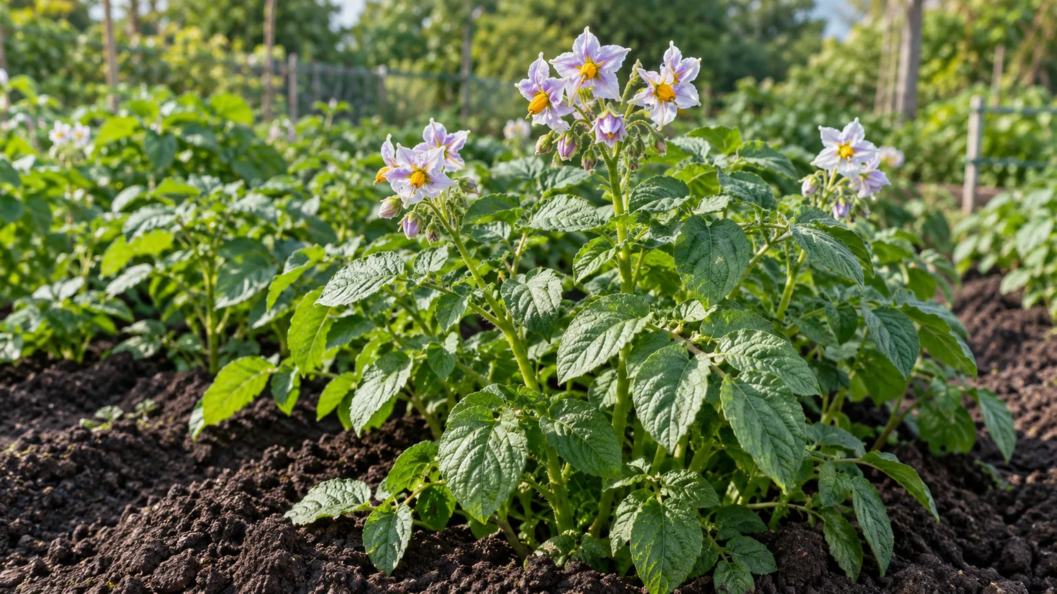 Flowering potato plants with pale purple blossoms in a vegetable garden