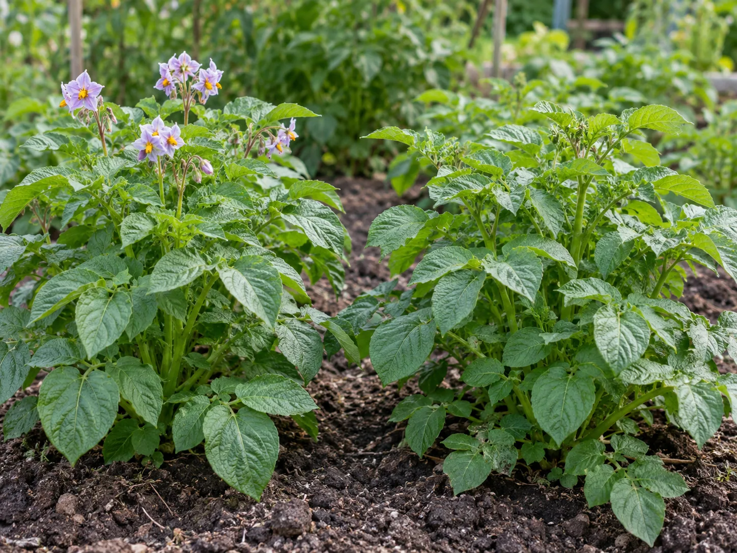 Two healthy potato plants growing side by side show how one variety may flower more than another.