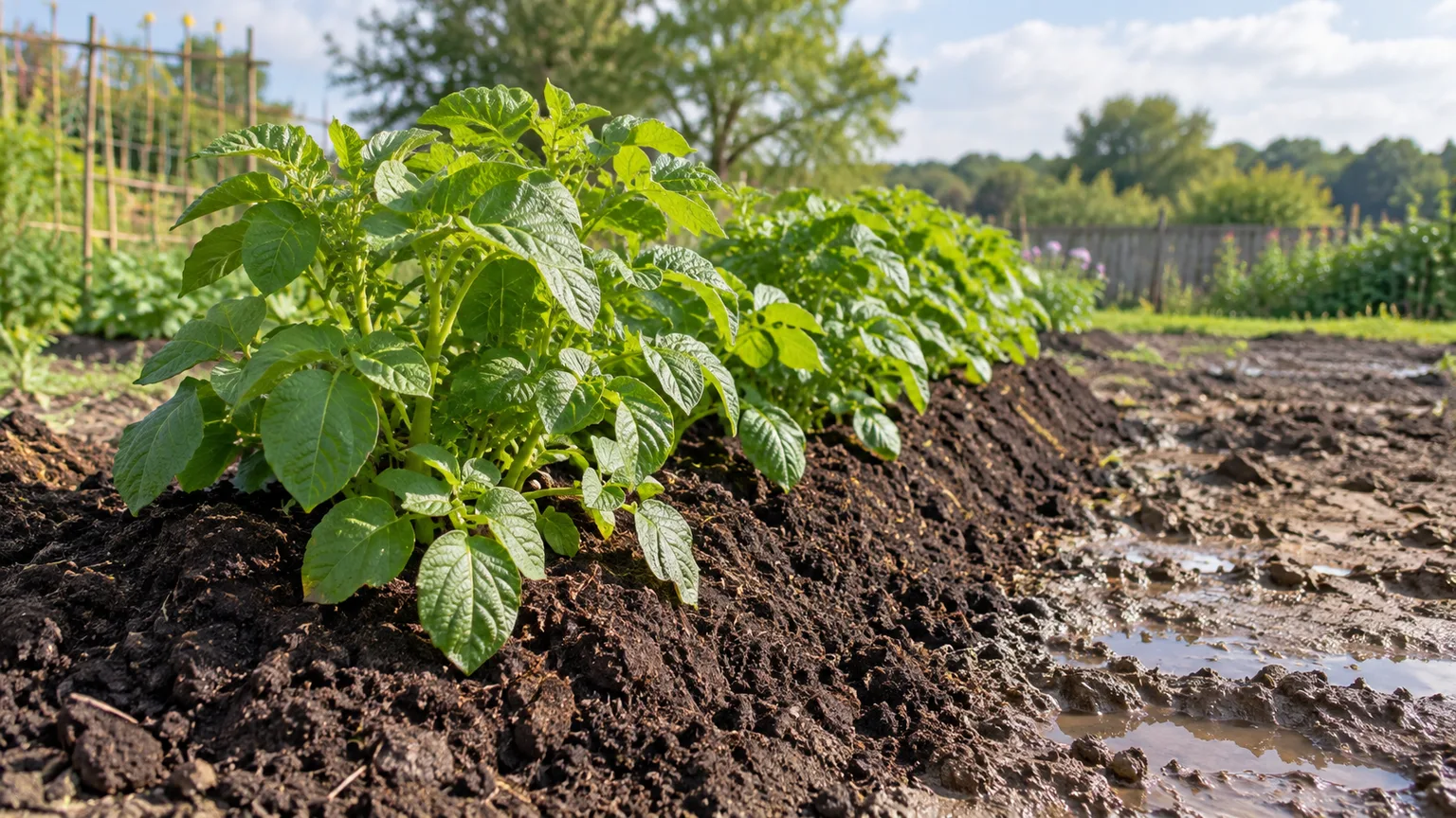 Healthy potato plants growing in loose raised soil beside a waterlogged clay patch