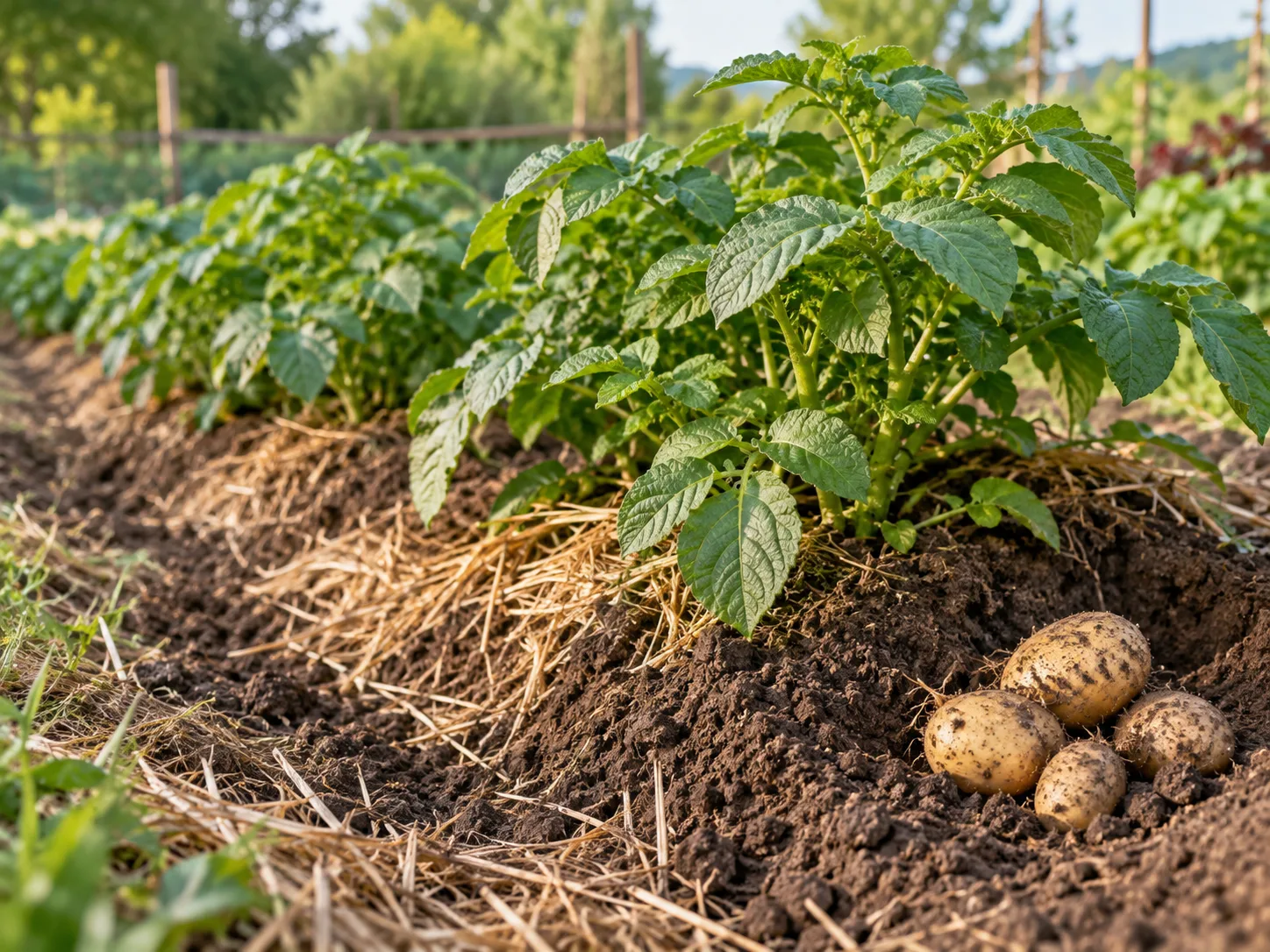 Potato plants in broad soil mounds with straw mulch and freshly exposed tubers