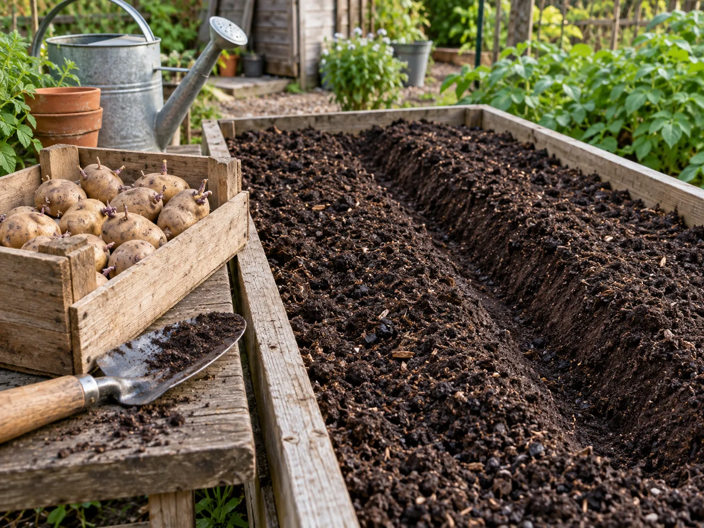 Seed potatoes, a trowel, and loose compost-rich soil prepared in a raised bed