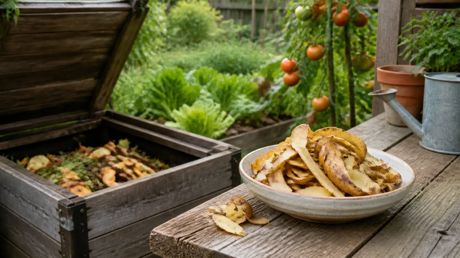 Plain potato peels beside a backyard compost bin and vegetable garden