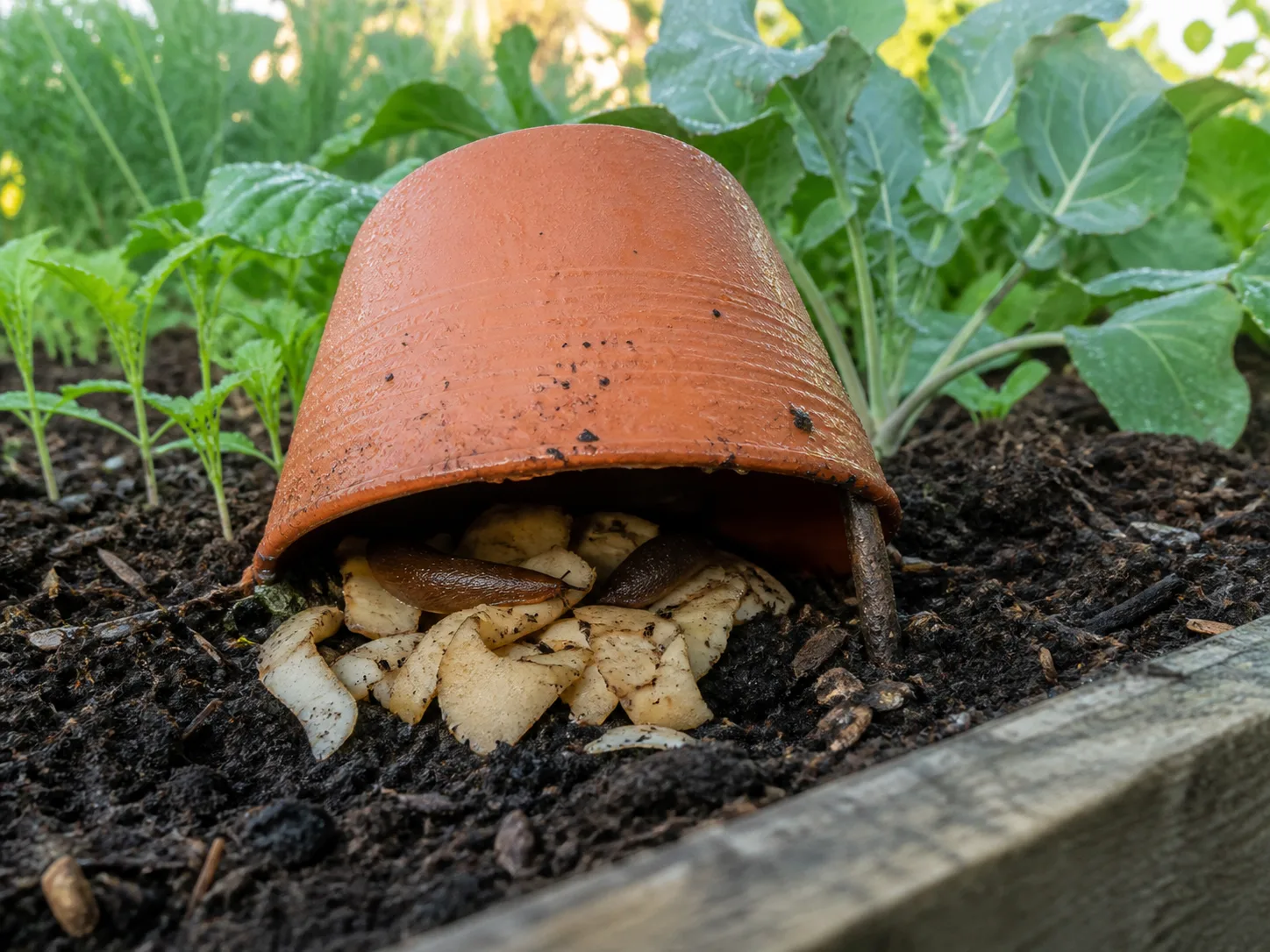 An upturned terracotta pot shelters potato peels as bait for slugs in a vegetable bed