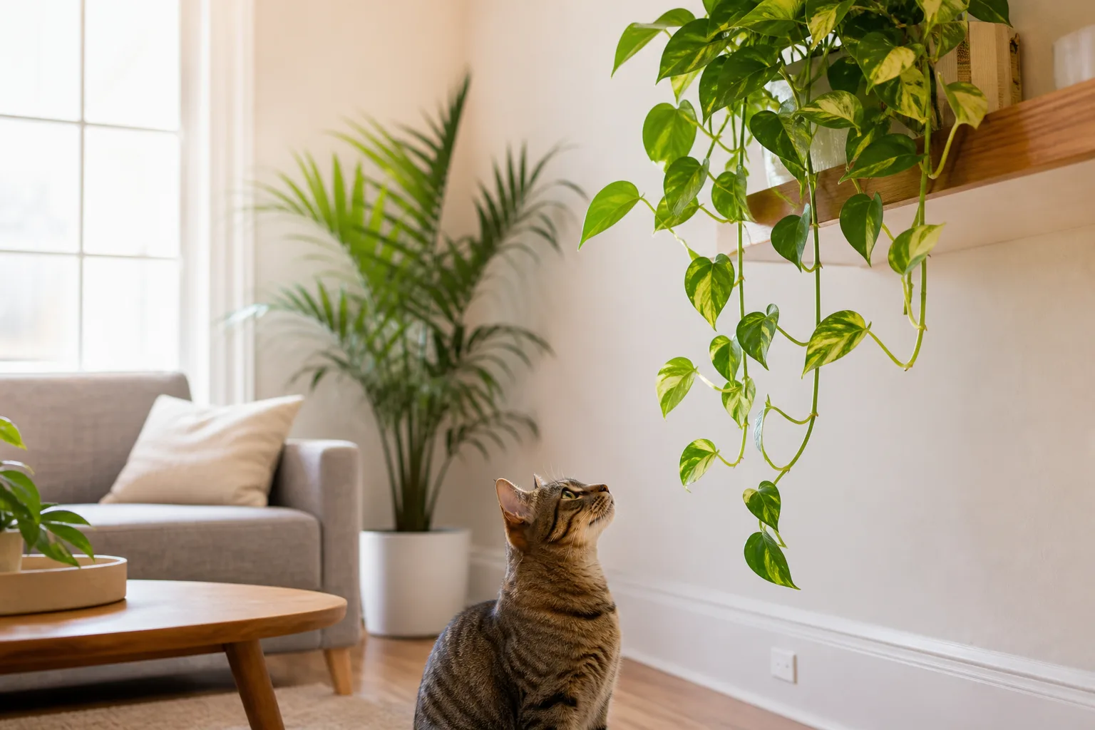 Golden pothos trailing from a shelf with a cat looking up at the leaves, illustrating pothos toxicity pets safety concerns