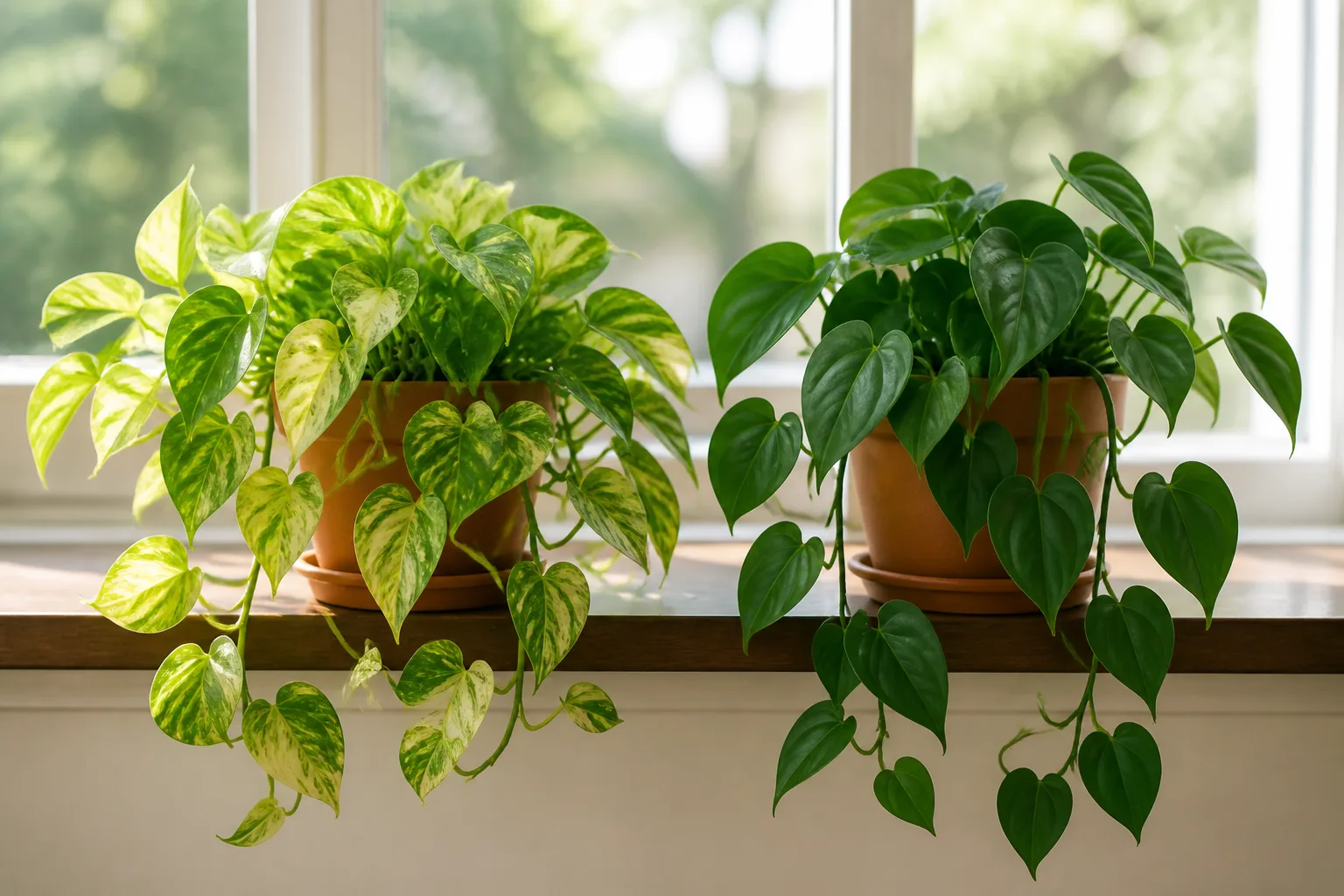 Side-by-side comparison scene of trailing golden pothos and heartleaf philodendron — use petiole groove and free stipules at the stem to finish ID