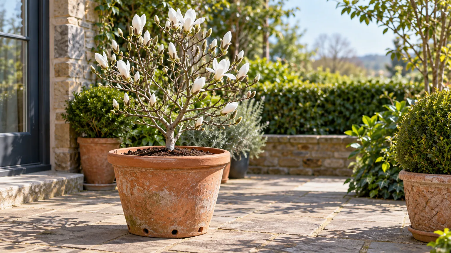 Young star magnolia planted at the correct height in a wide terracotta container on a patio