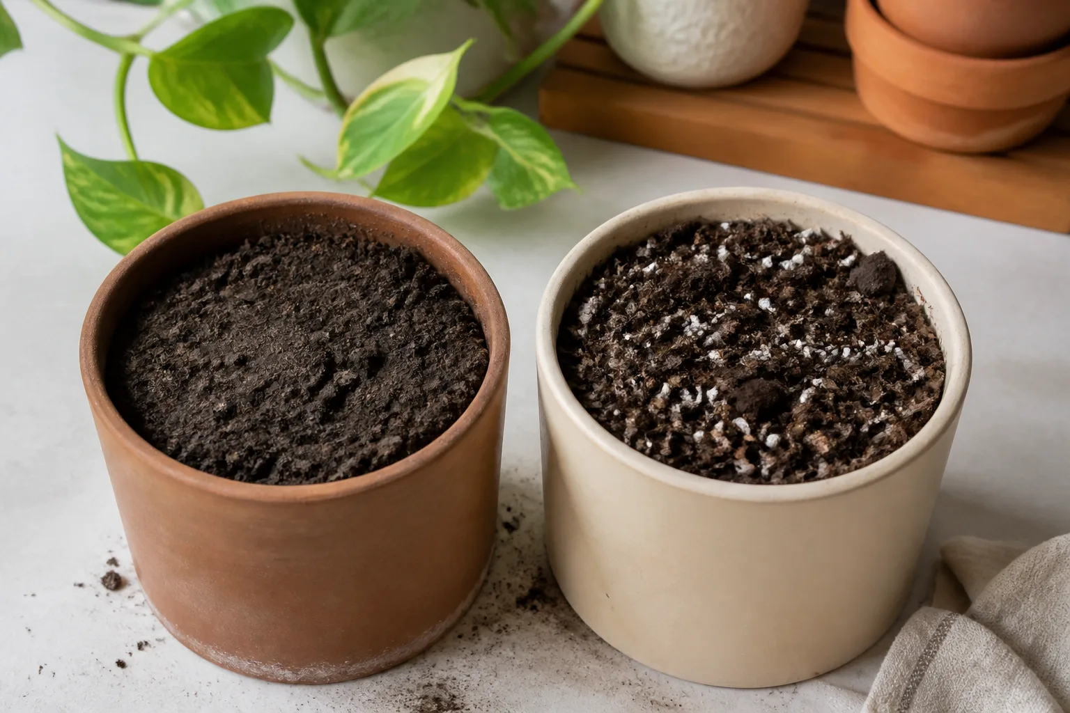 Compacted dense soil in a pot contrasted with airy potting mix