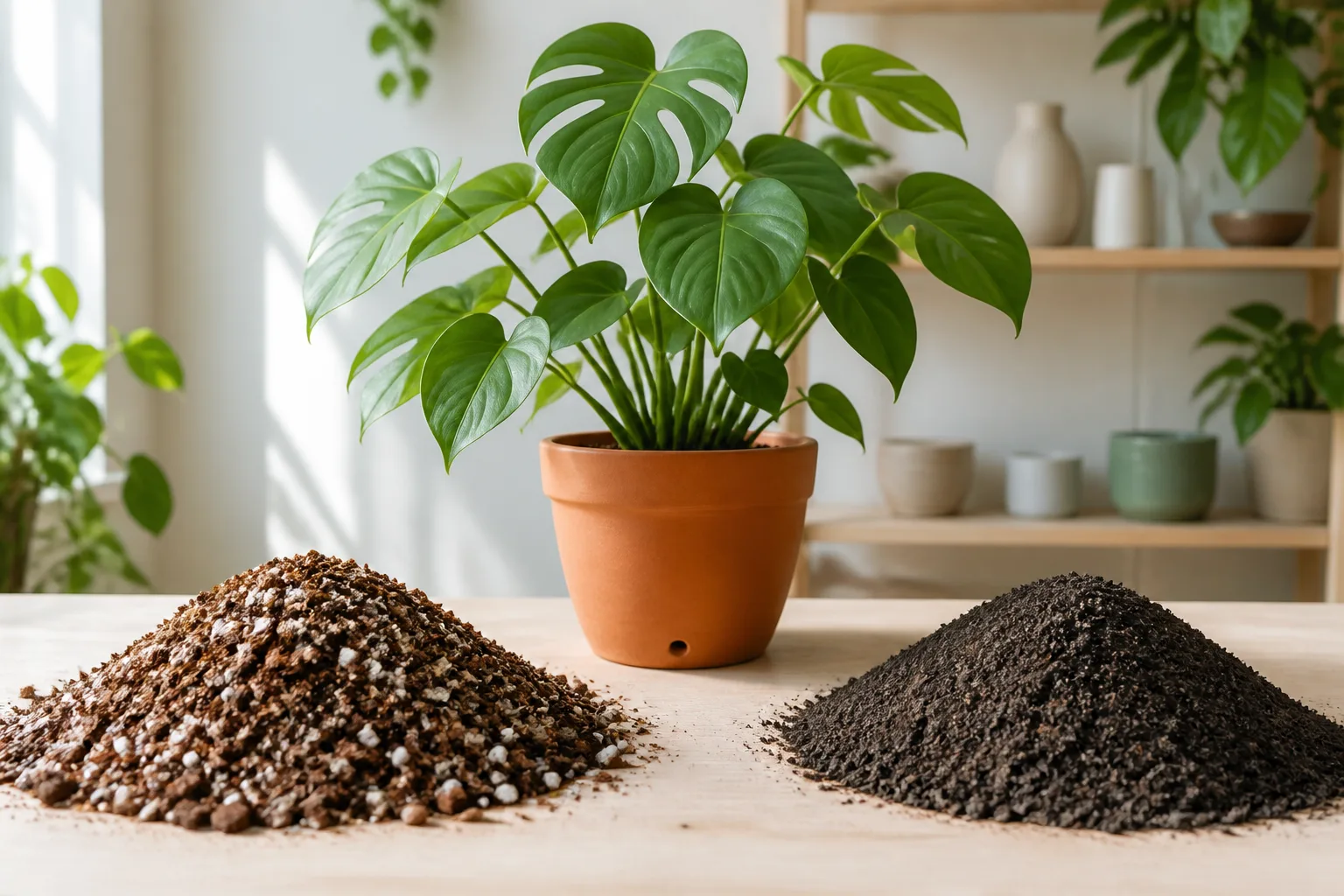 Bag of potting mix next to dense garden soil and a healthy potted houseplant