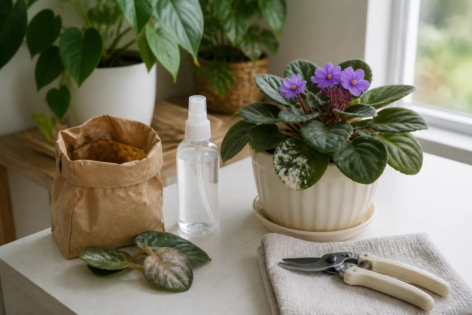 Isolated houseplant after pruning heavily mildewed leaves, with spaced pots and a gentle room fan for airflow