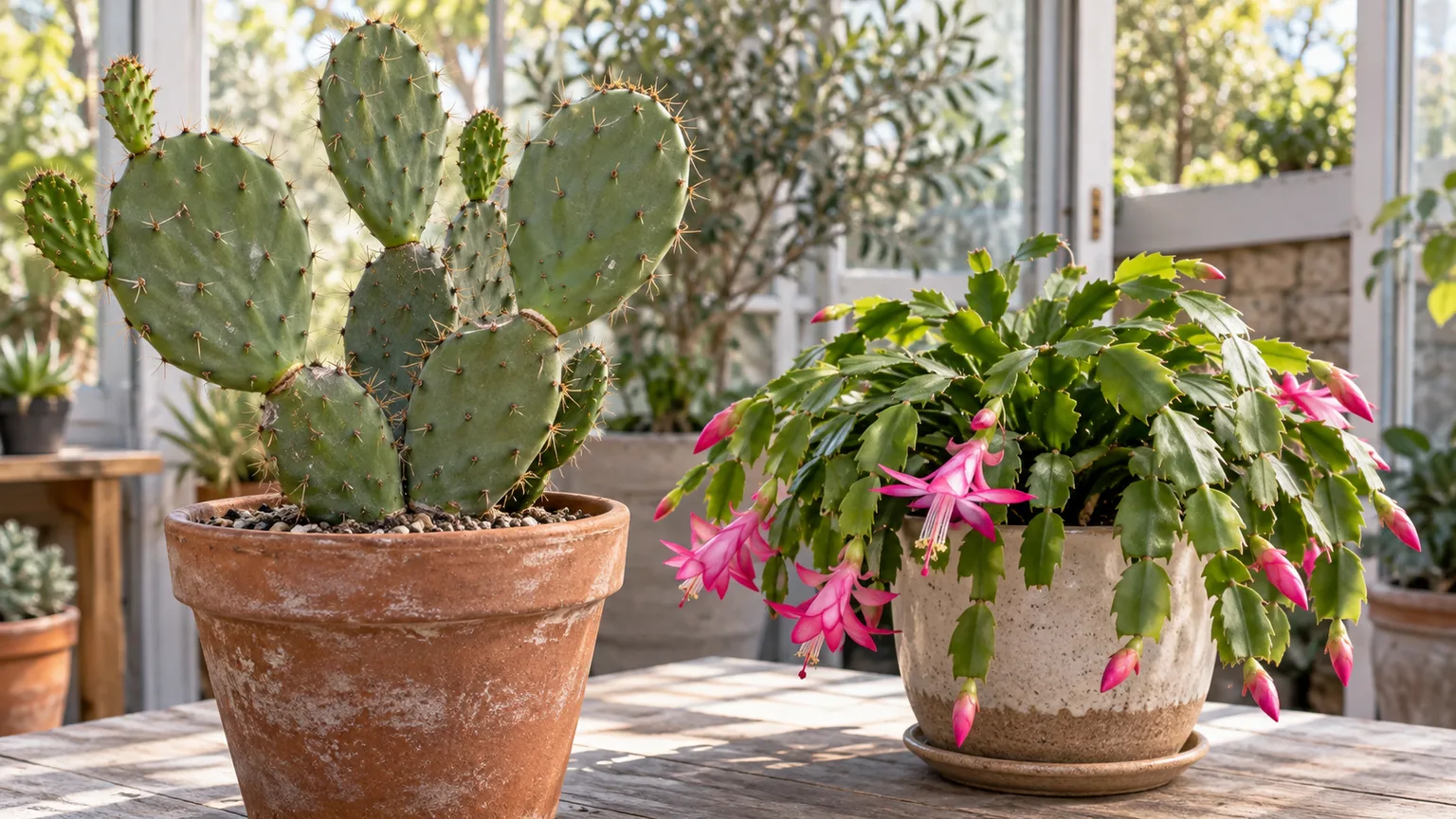 Prickly pear and Christmas cactus growing side by side