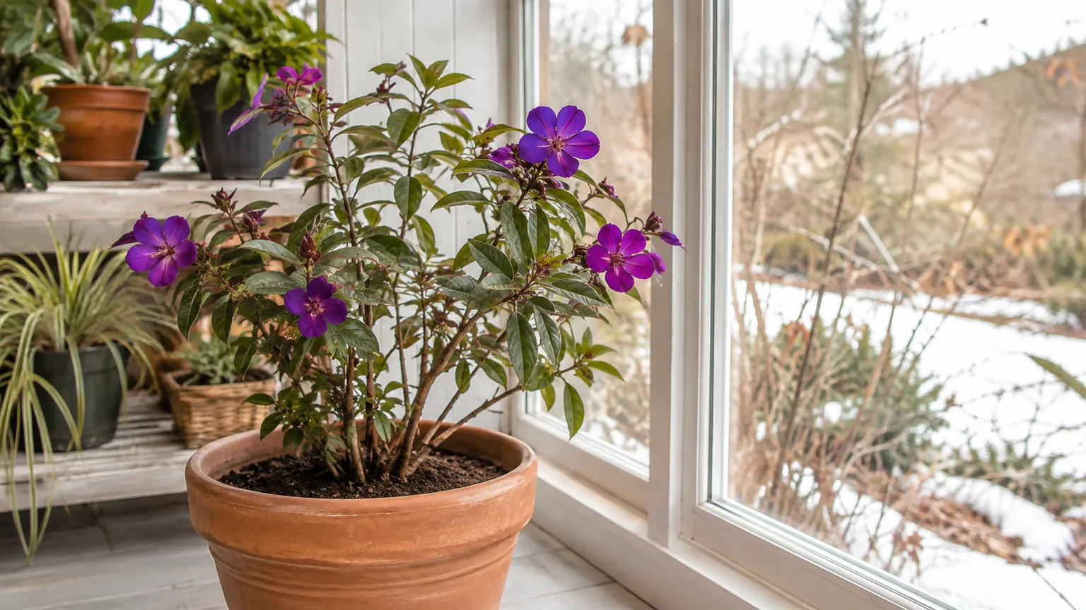 Princess flower in a terracotta container overwintering beside a bright sunroom window