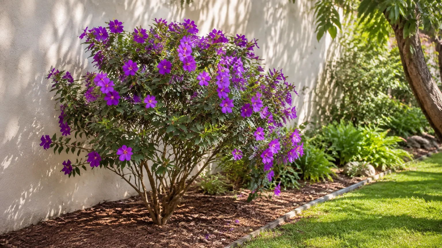 Princess flower shrub in a sheltered mulched garden bed beside a wall