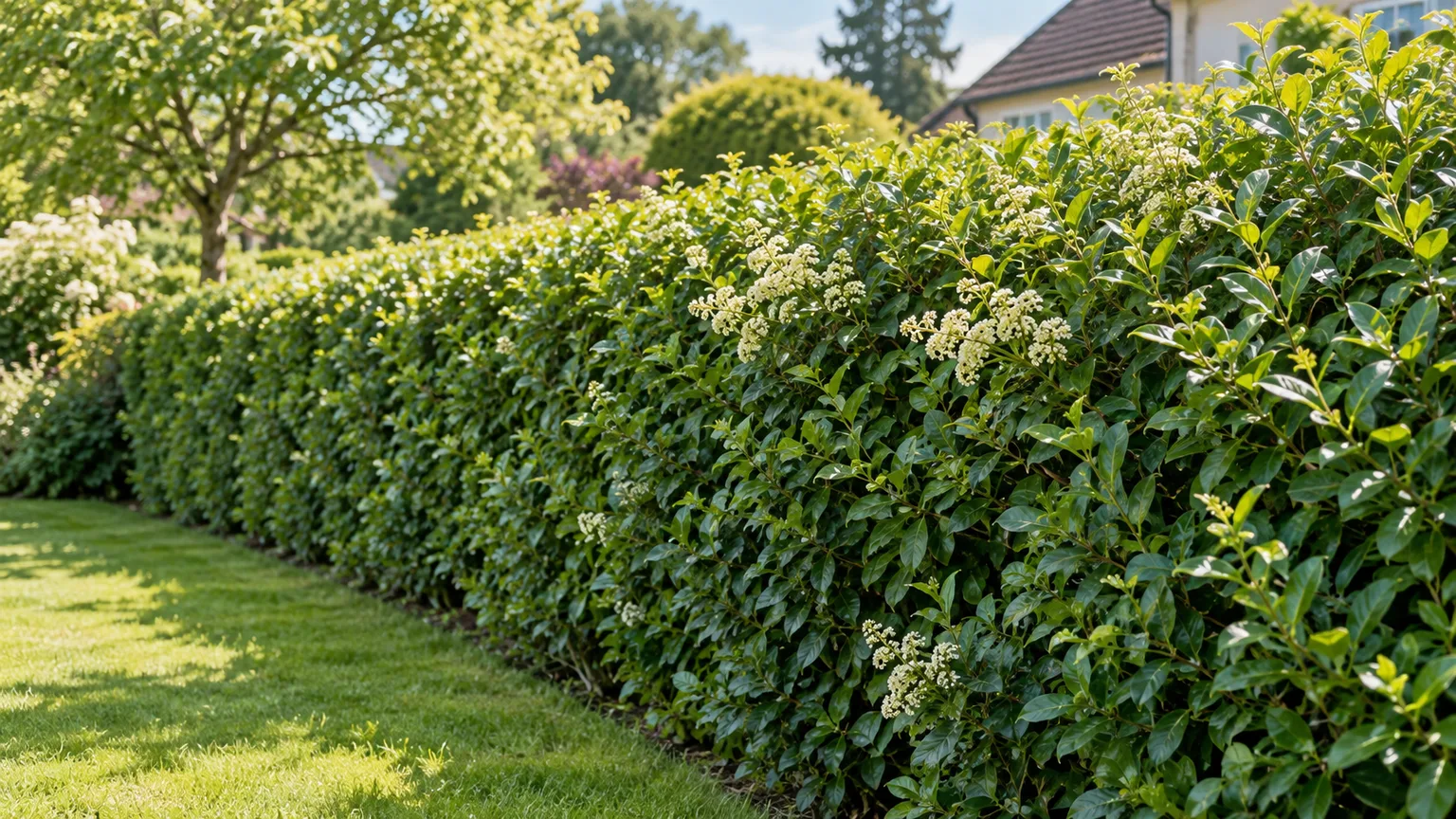 A mature privet hedge with glossy leaves and white flower clusters in a residential garden