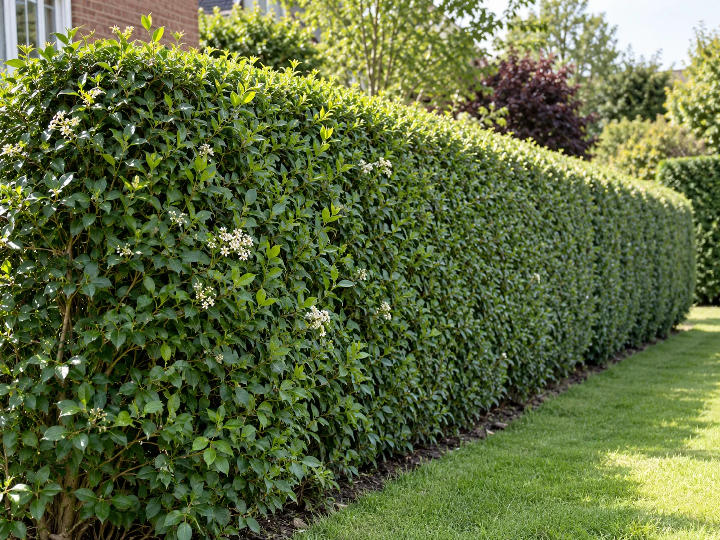 A clipped privet hedge with a gently tapered profile and dense lower foliage