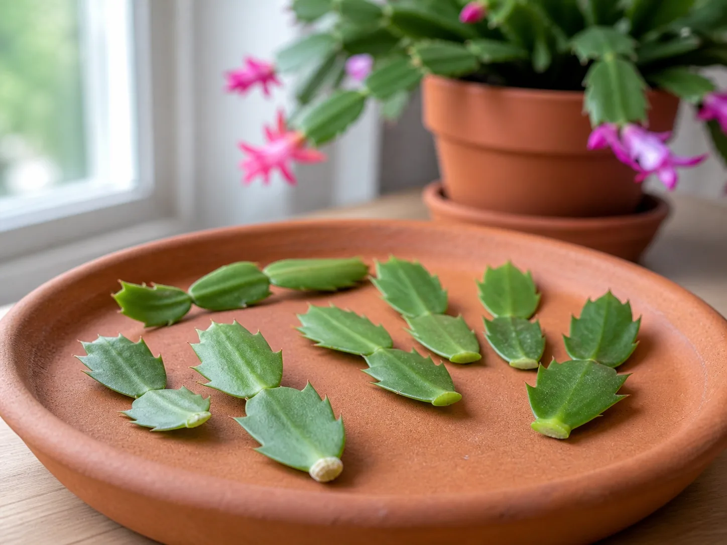 Healthy Christmas cactus stem segments resting on a dry terracotta saucer before propagation