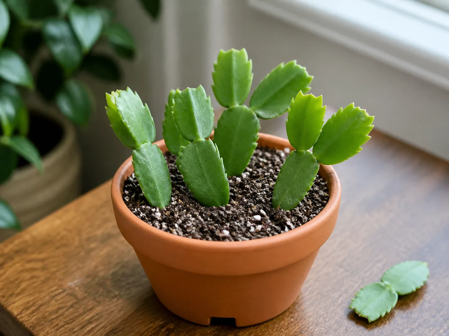 Several Christmas cactus cuttings planted shallowly in an airy, well-draining mix in a small terracotta pot