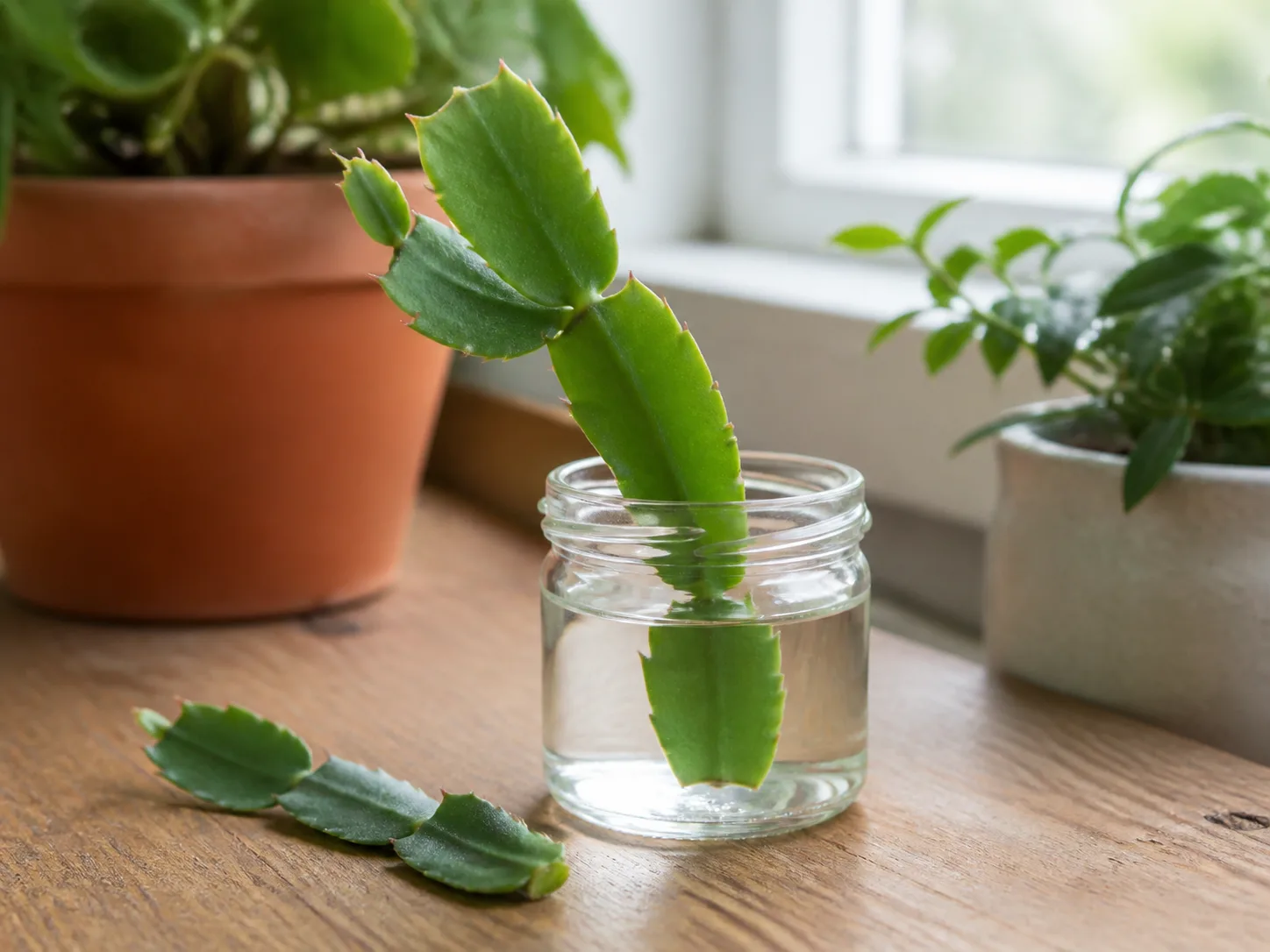 Healthy Christmas cactus segments rooting in a clear glass with only the lower segment at the waterline
