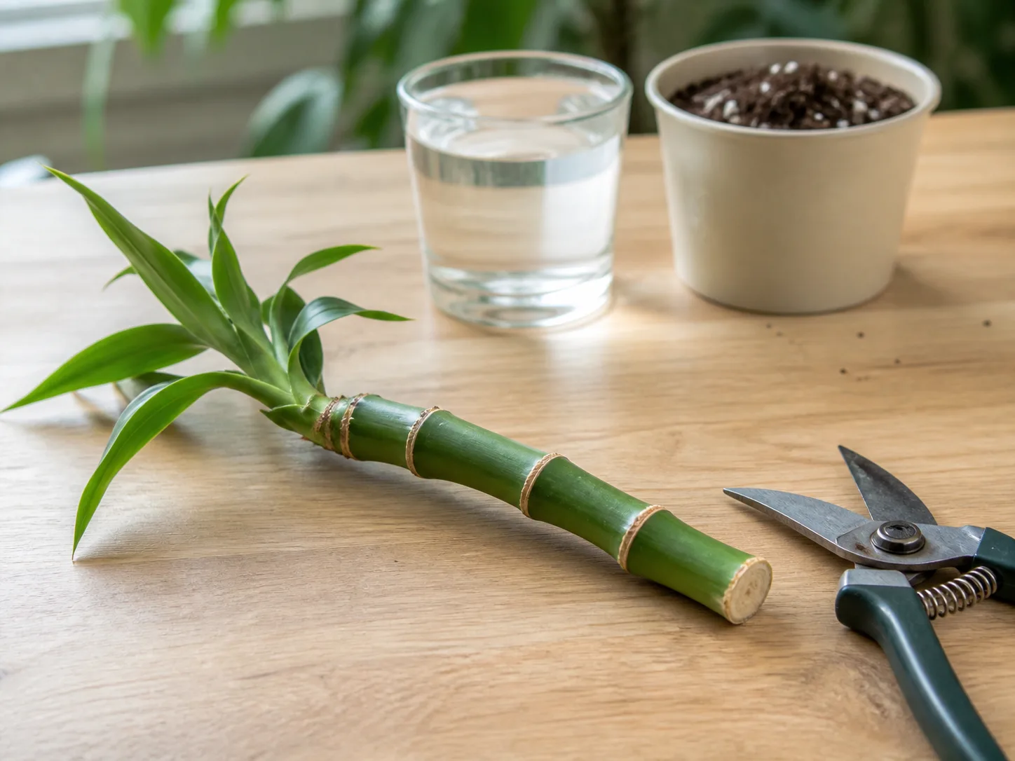 Clean pruners beside a node-bearing lucky bamboo stem, a glass of water, and an airy potting mix