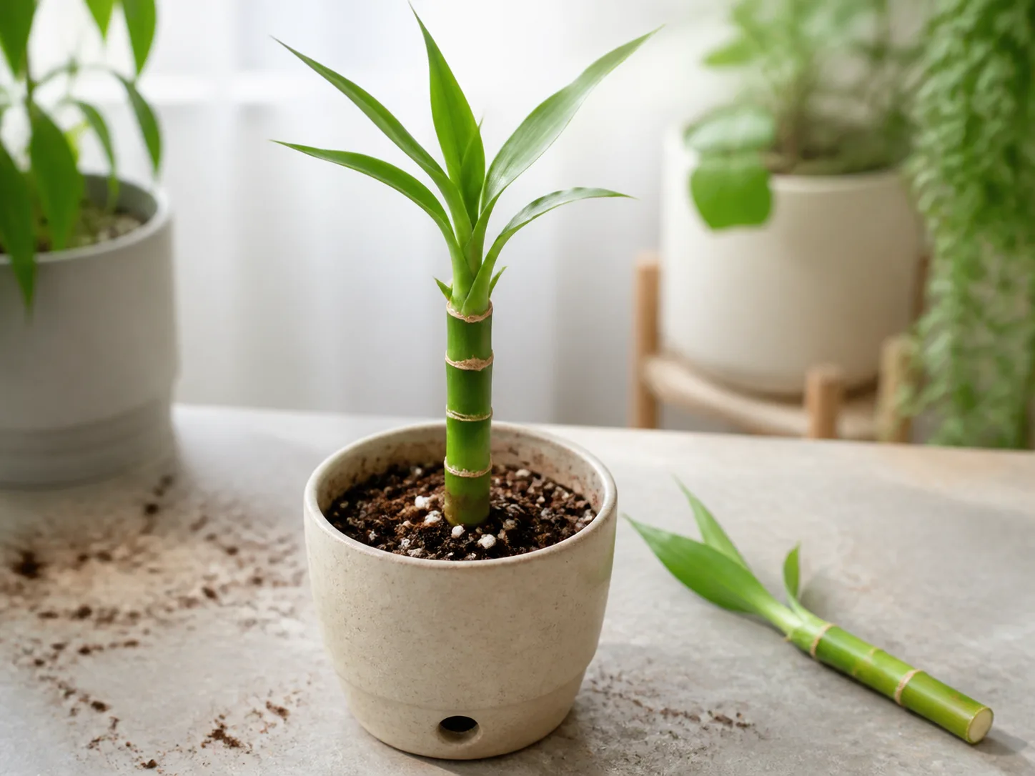 Lucky bamboo stem cutting planted in an airy potting mix in a small drainage pot