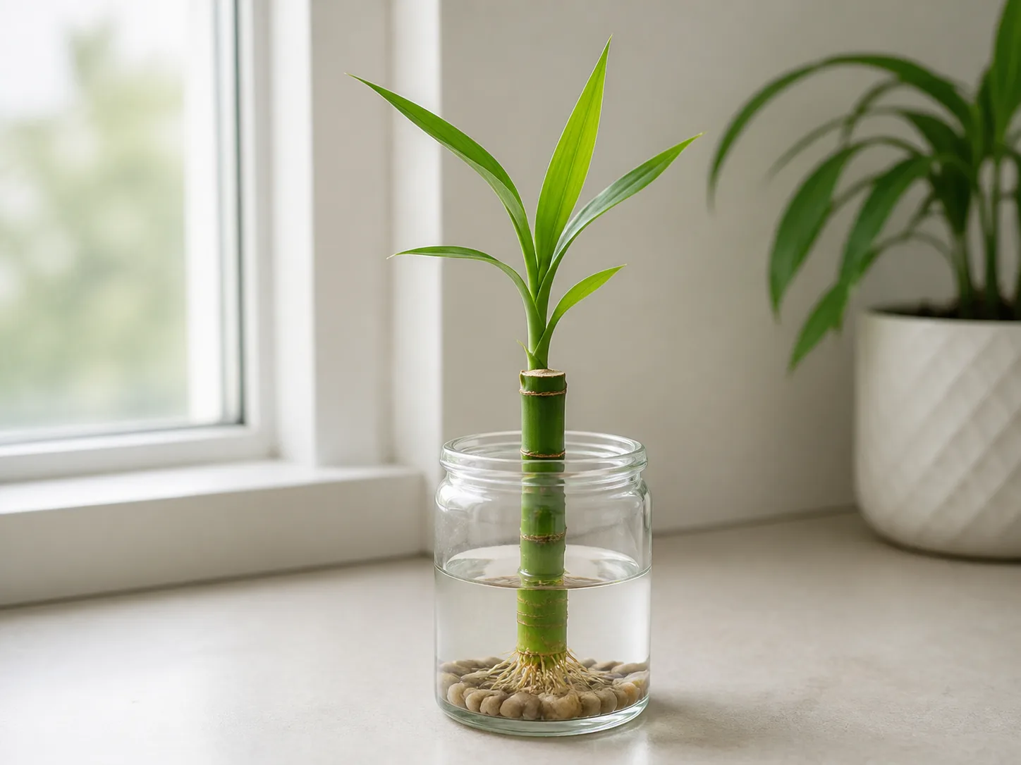 Lucky bamboo stem cutting rooted in clean water with the lower nodes submerged and the leaves above the waterline