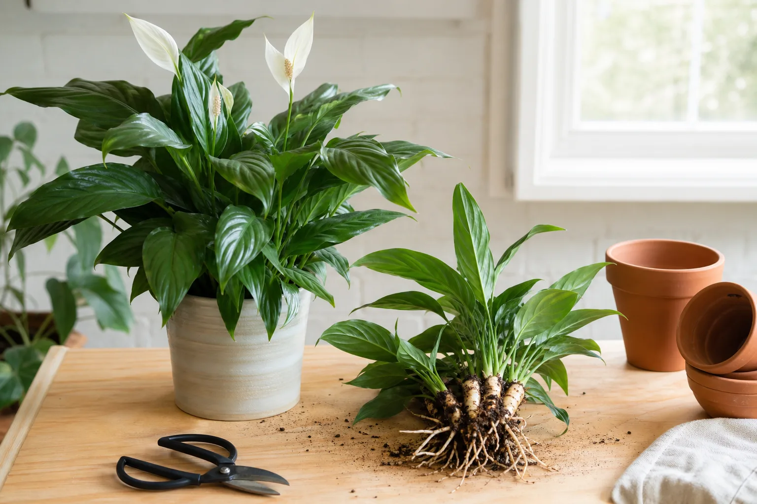 Healthy peace lily with glossy green leaves and multiple crowns ready for division
