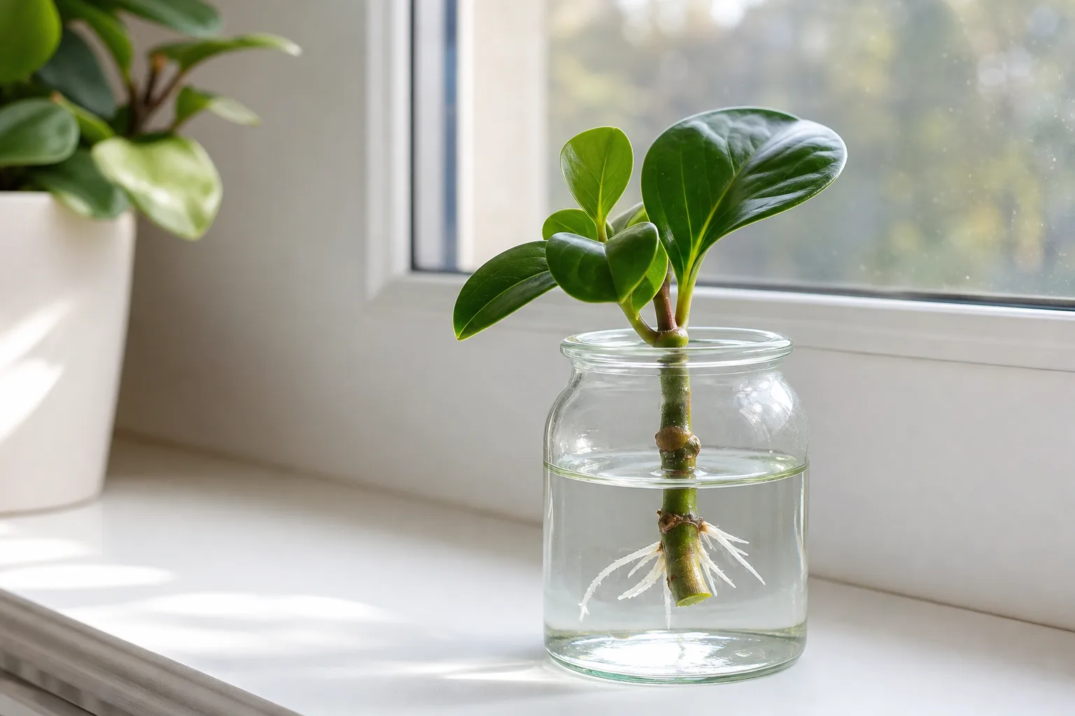 Peperomia stem cuttings rooting in a glass jar of water on a bright windowsill