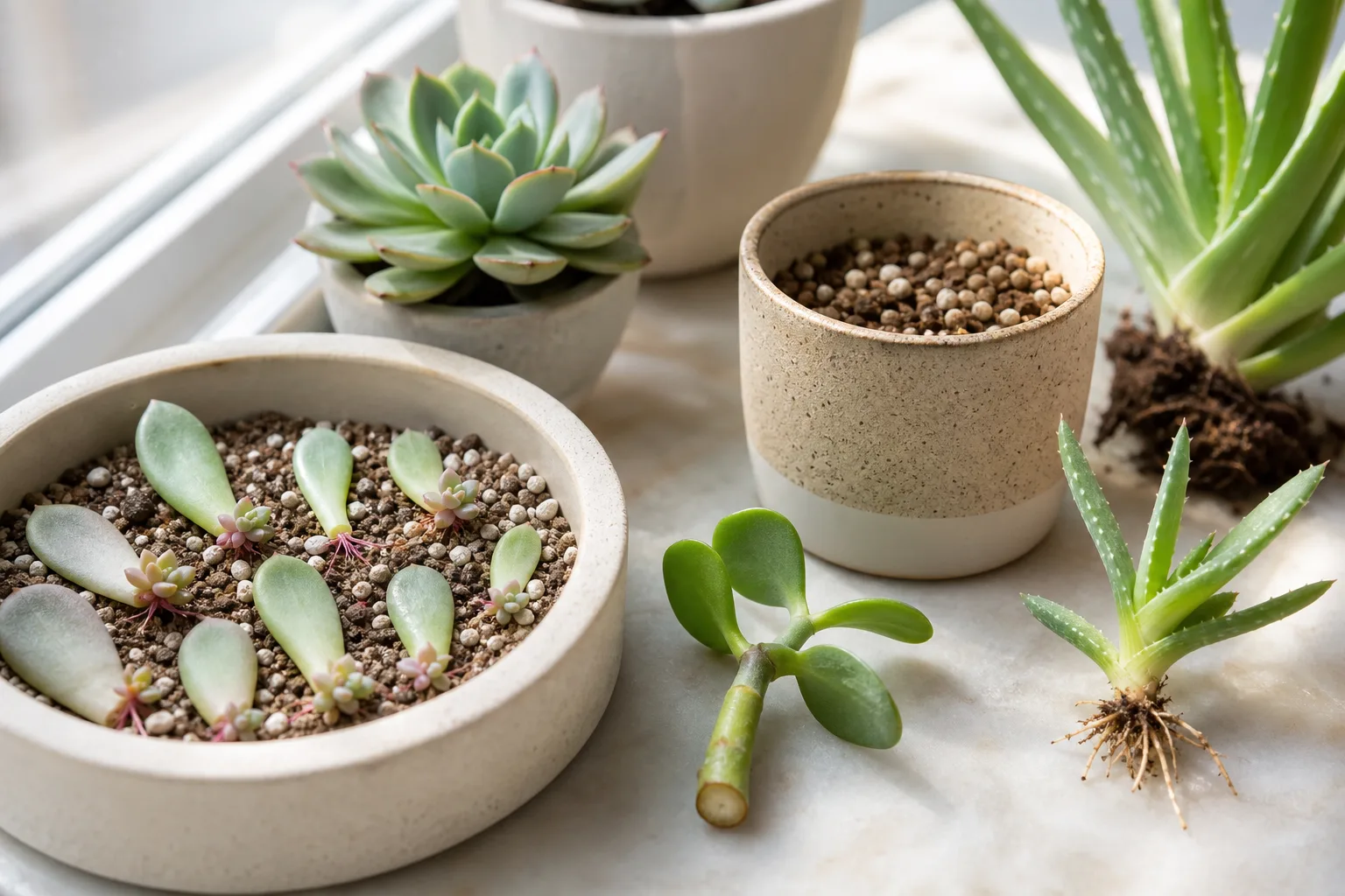 Succulent leaf propagation tray with Echeveria leaves showing new roots and tiny rosettes forming on gritty soil