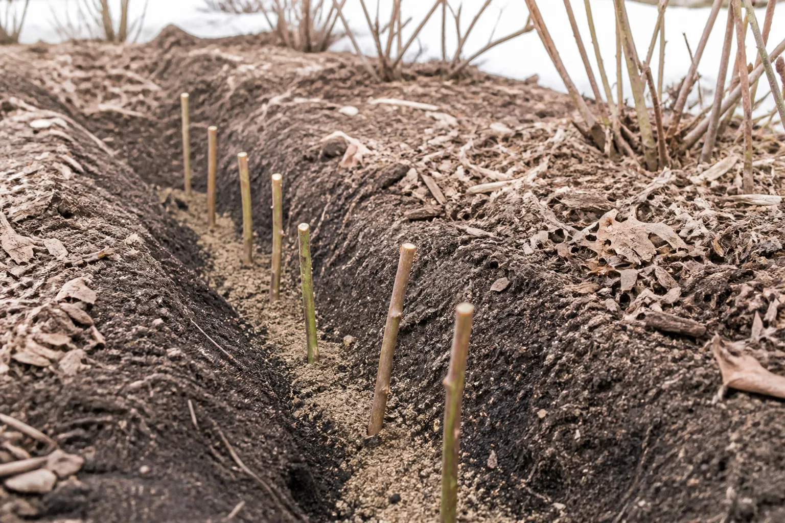 Dormant rose hardwood cuttings spaced in a narrow outdoor trench with grit drainage layer