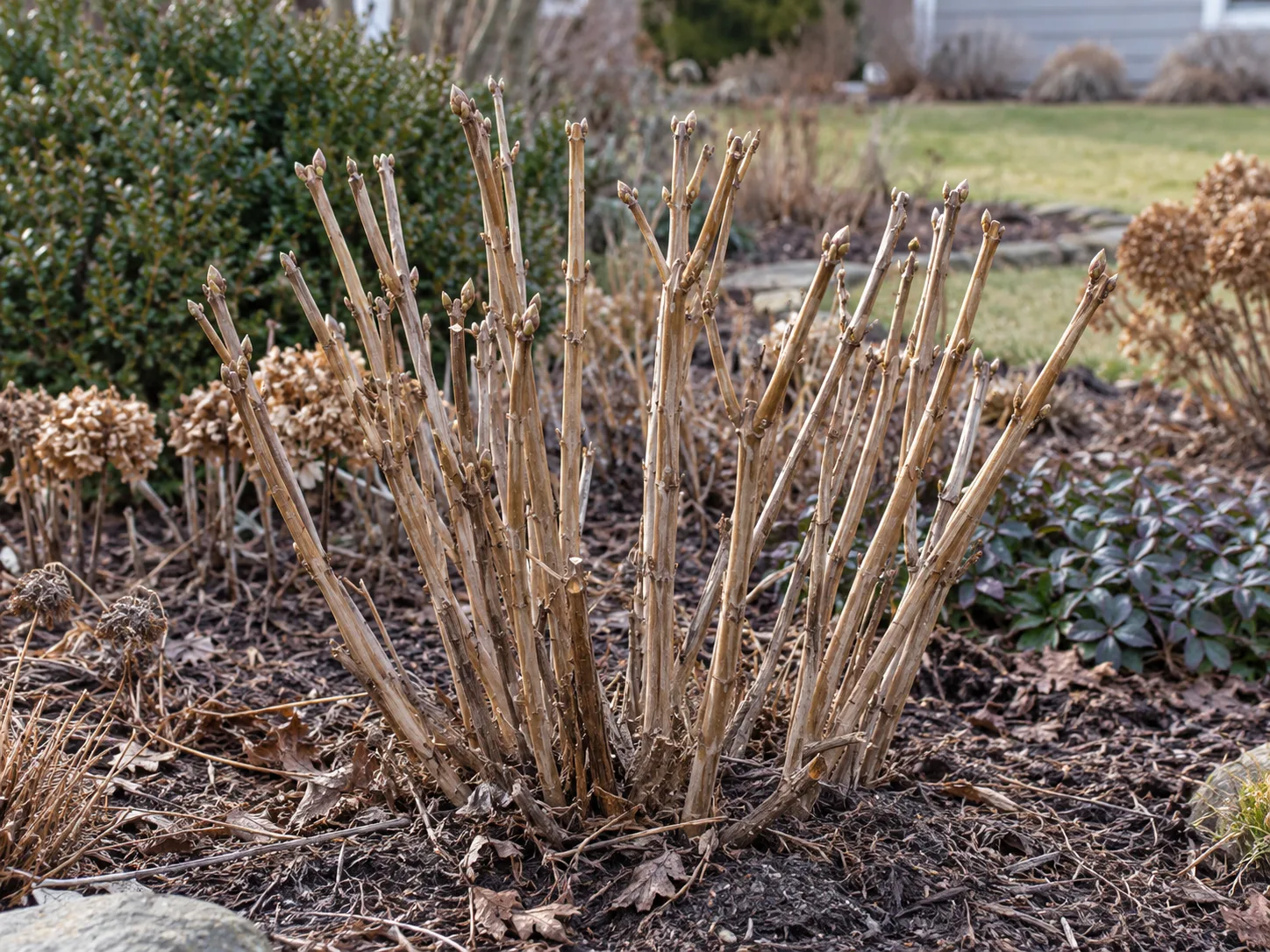 Dormant Annabelle hydrangea after pruning, with sturdy stems retained at a useful framework height