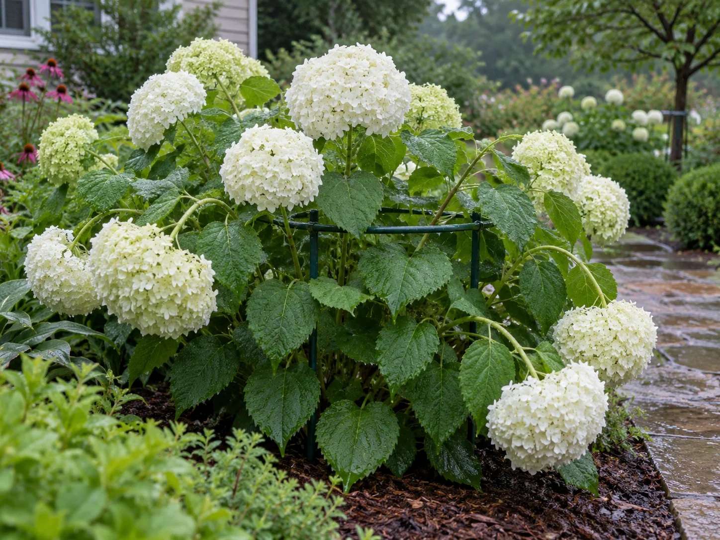 Annabelle hydrangea after rain, with a discreet support ring helping hold up the heavy flower stems