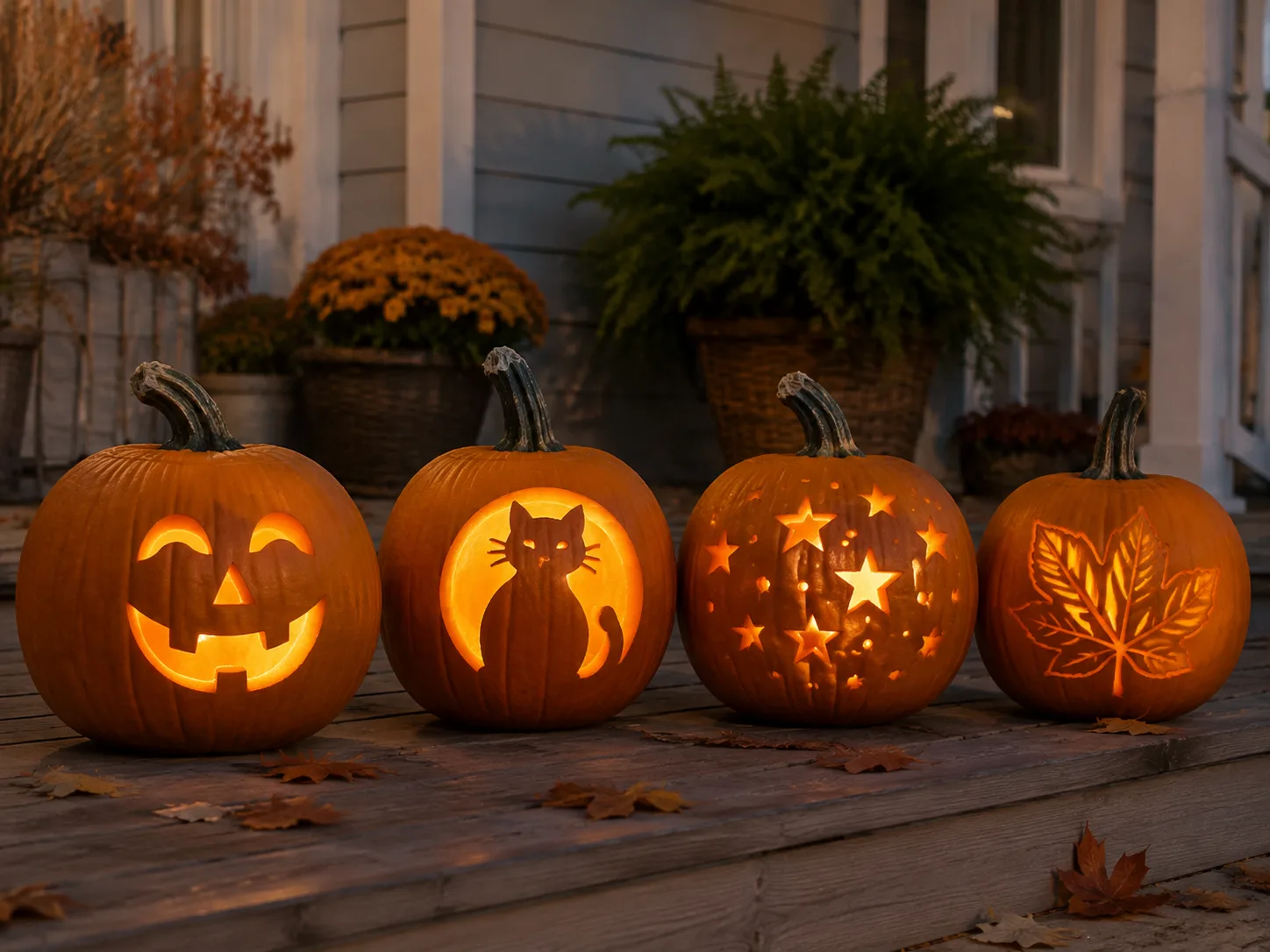 Four carved pumpkins showing simple faces, an animal silhouette, drilled stars, and an etched leaf on an autumn porch