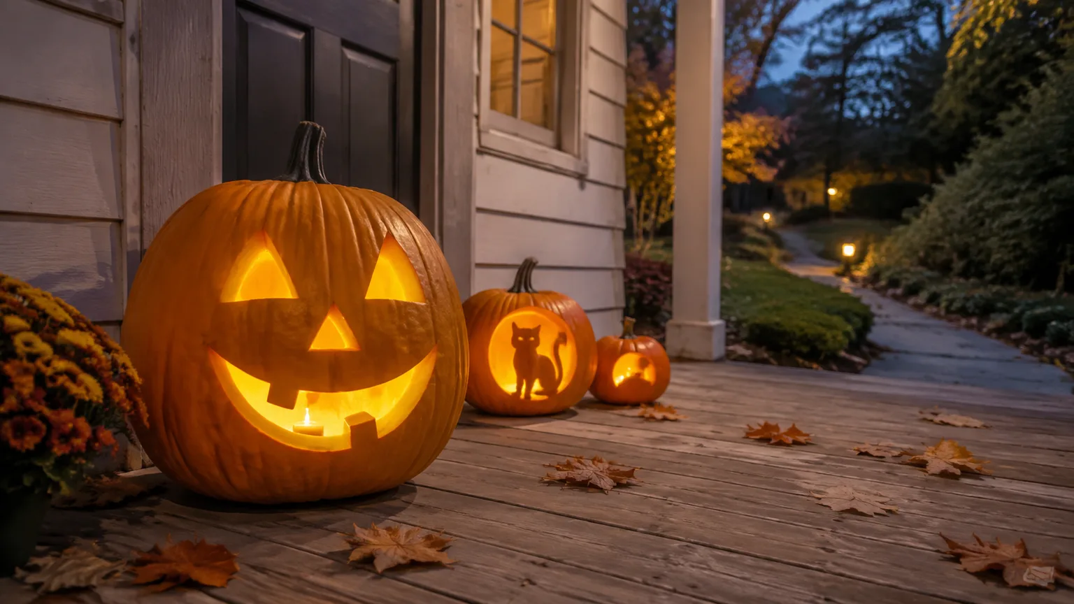 Hand-carved jack-o’-lanterns glowing with flameless lights on an autumn porch